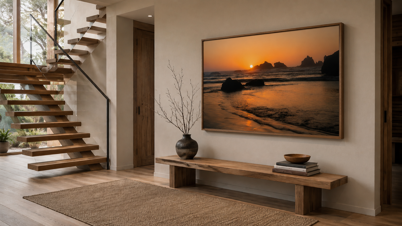 Oregon Coast sunset sea stack photography installed above a console in a warm modern coastal entryway by Dan Sproul